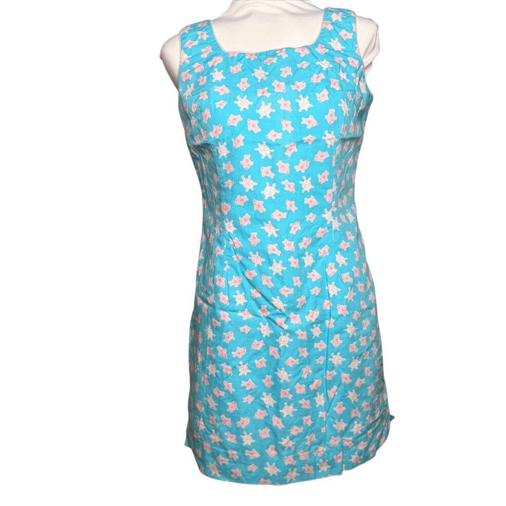 VTG Lilly Pulitzer white label turtle print shift dress teal pink 6